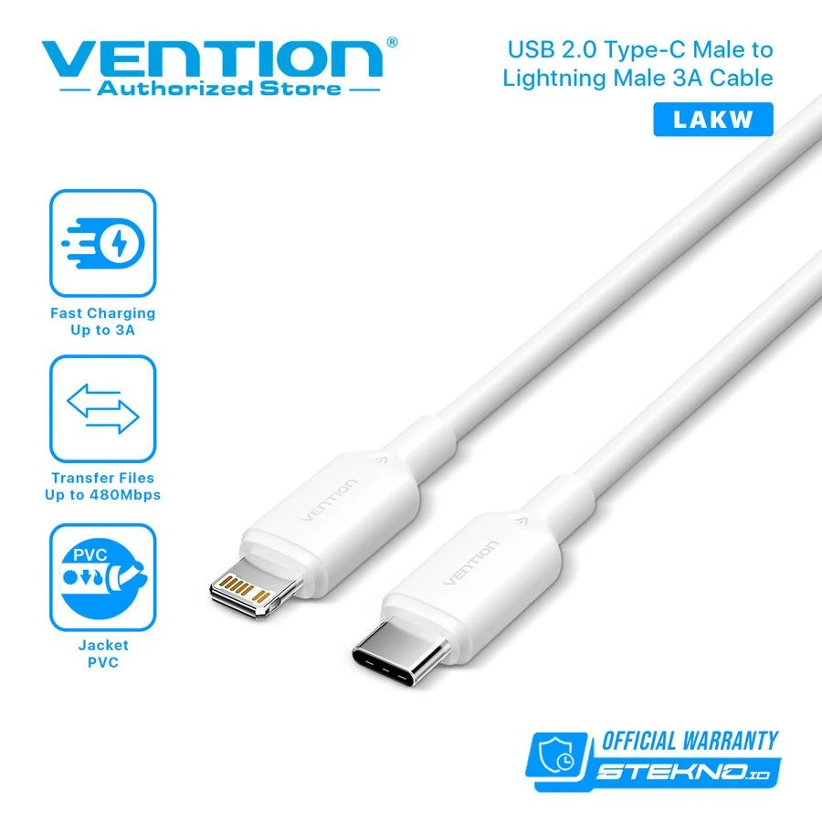Vention - Kabel USB 2.0 C Male to Lightning Male 3A 1M Black LAKBF dan White LAKWF / Kabel Data